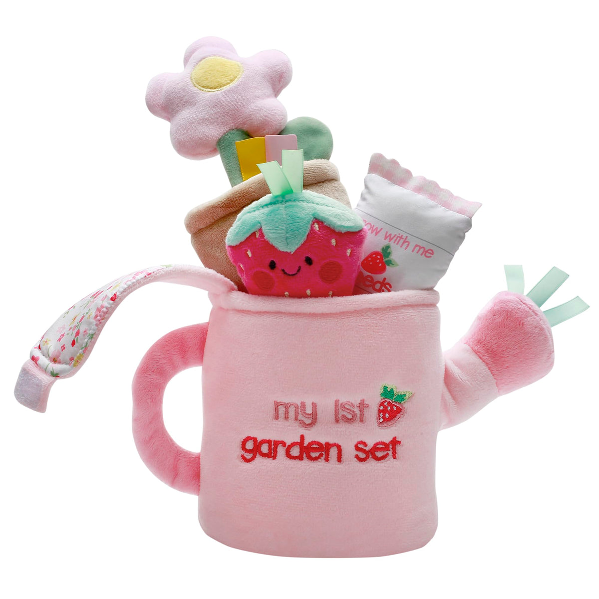 Baby Starters plush strawberry with rattle for grip and sensory discovery.