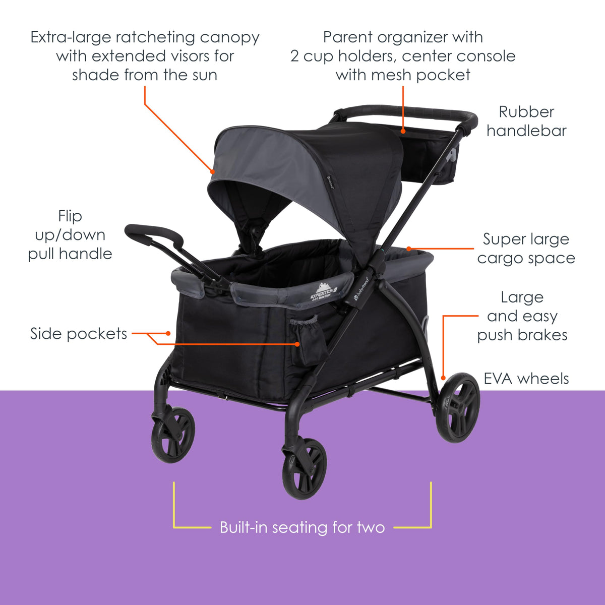 Baby Trend Tour LTE built-in seating supports two riders during outings.