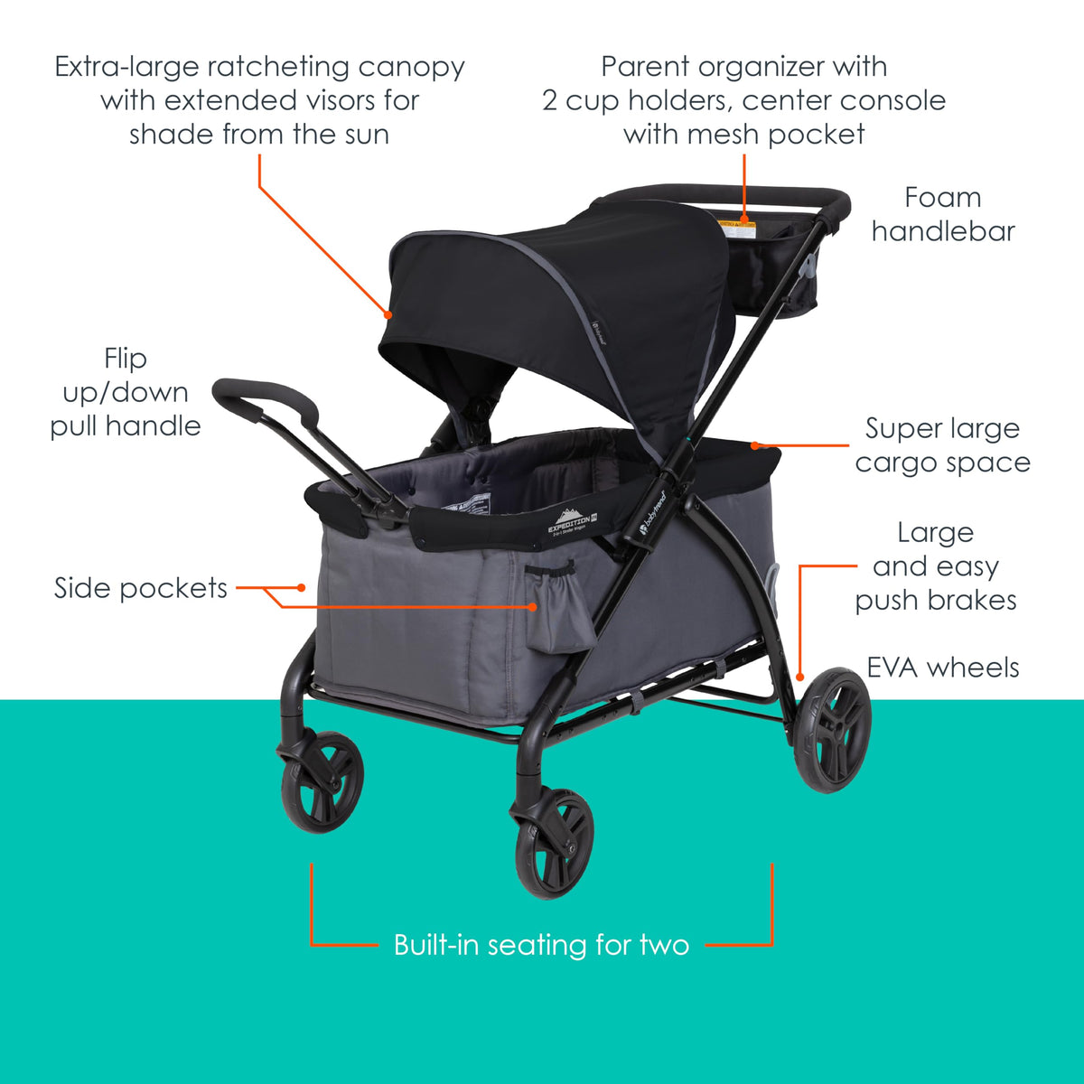 Built-in seating for two in Baby Trend Tour LTE Gravity Black for park outings