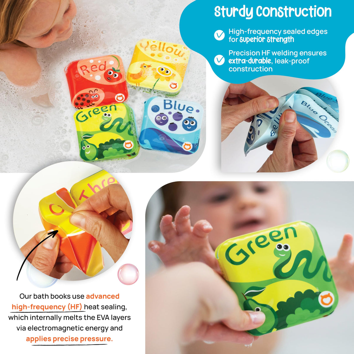 BabyBibi Bath Books with squeaker inside boost bath time fun.