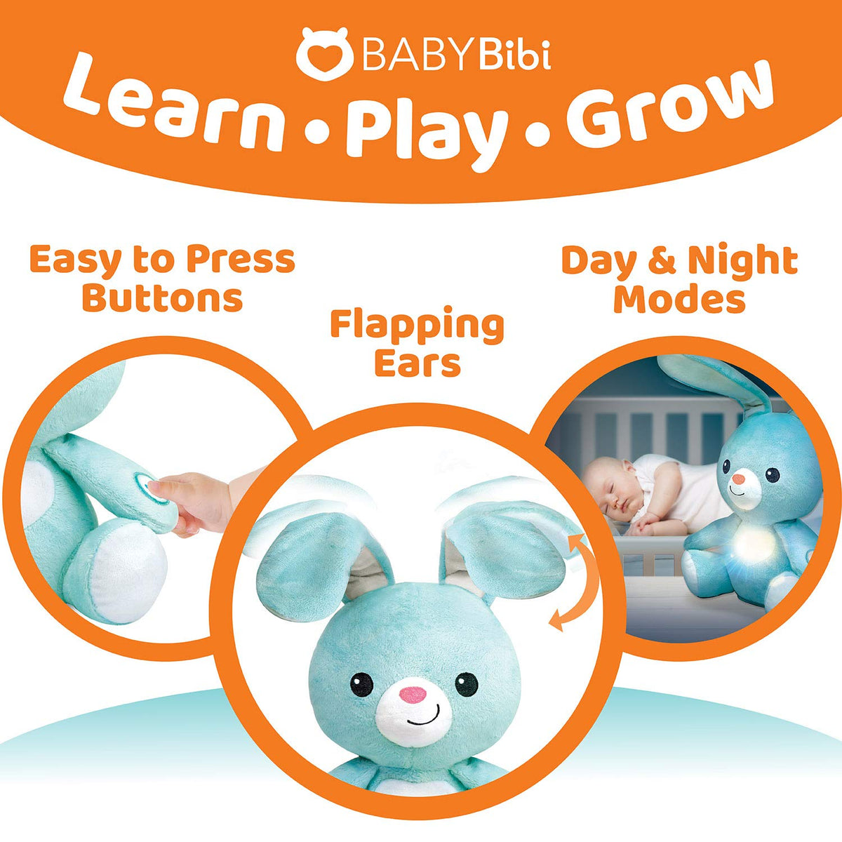 BabyBibi bunny day and night modes with lullabies for calm evenings.