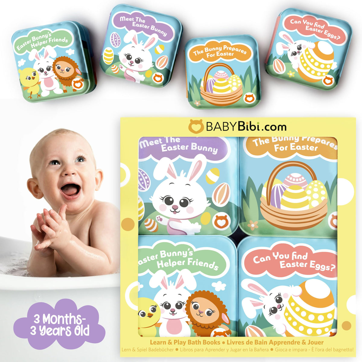 BabyBibi Easter pastel illustrations on bath books for gentle learning.