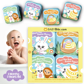 BabyBibi Easter pastel illustrations on bath books for gentle learning.