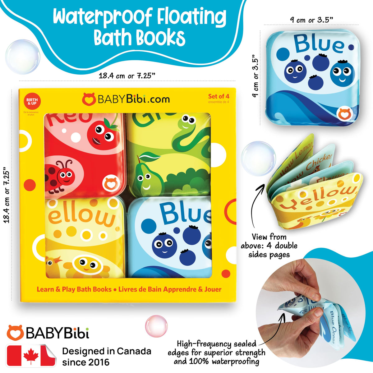 BabyBibi Floating Bath Books green cover supports early learning in tub.