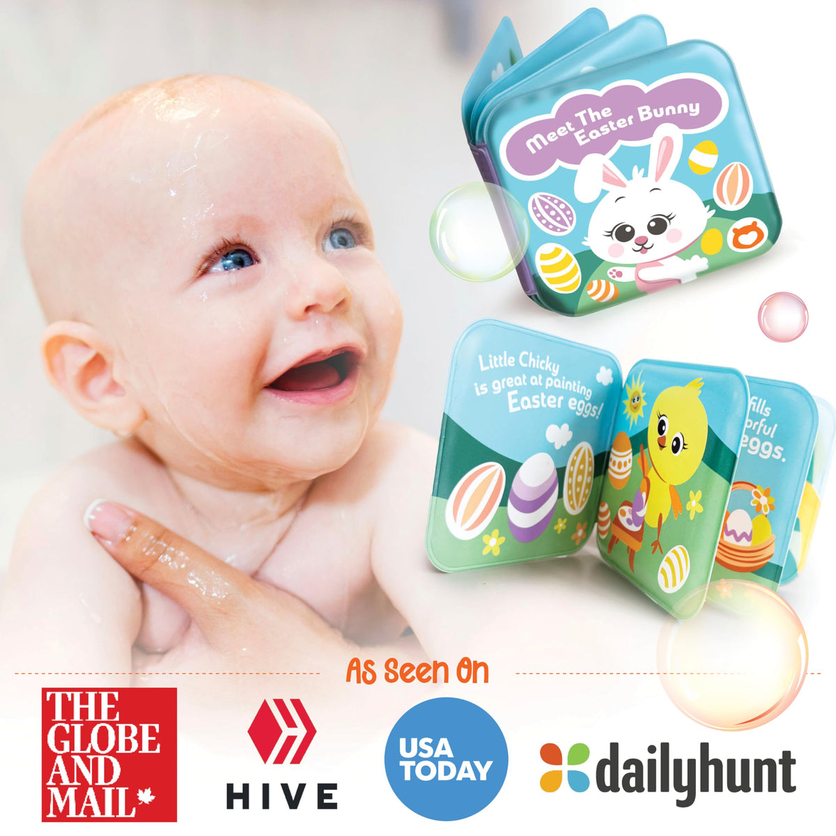 BabyBibi bath book features squeaky pages for sensory bath time.