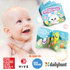BabyBibi bath book features squeaky pages for sensory bath time.