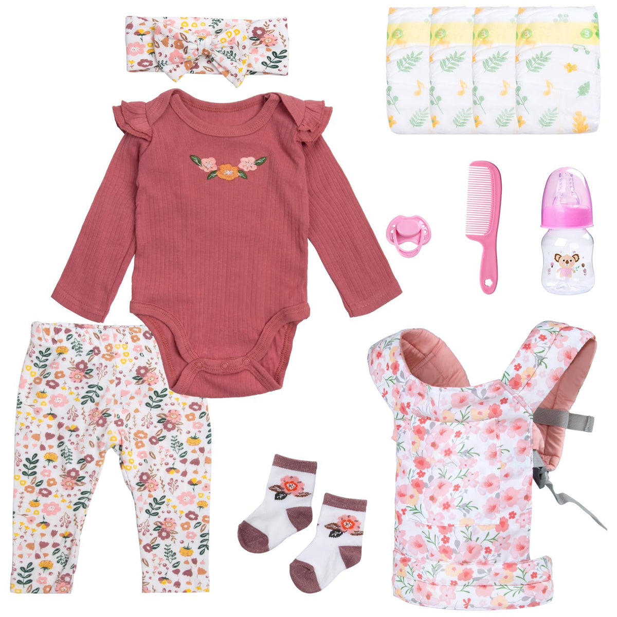 Babyfere Reborn doll romper with floral design, ideal for 17-22 inch dolls and pretend play