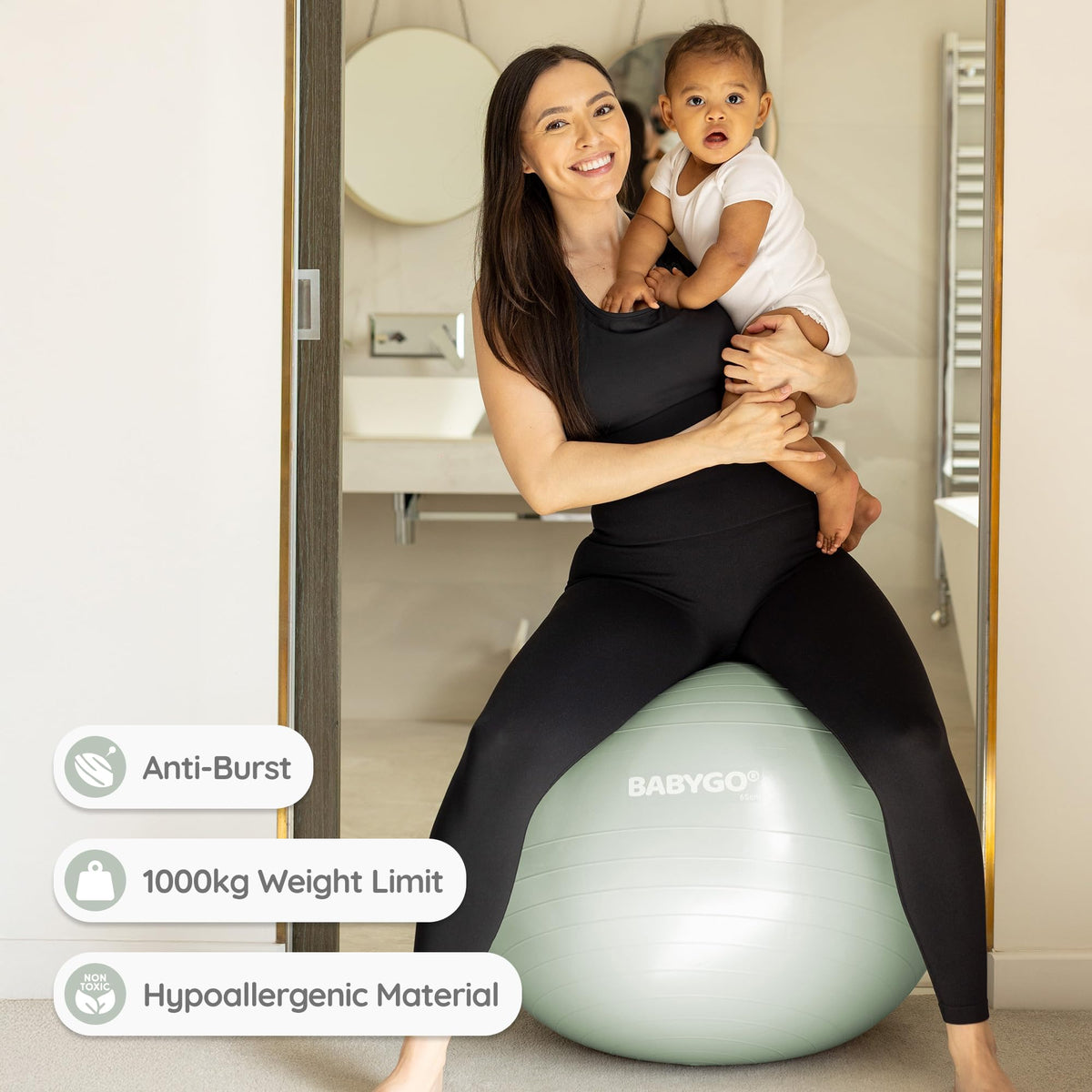 BabyGO ball in use supporting posture during pregnancy workouts.