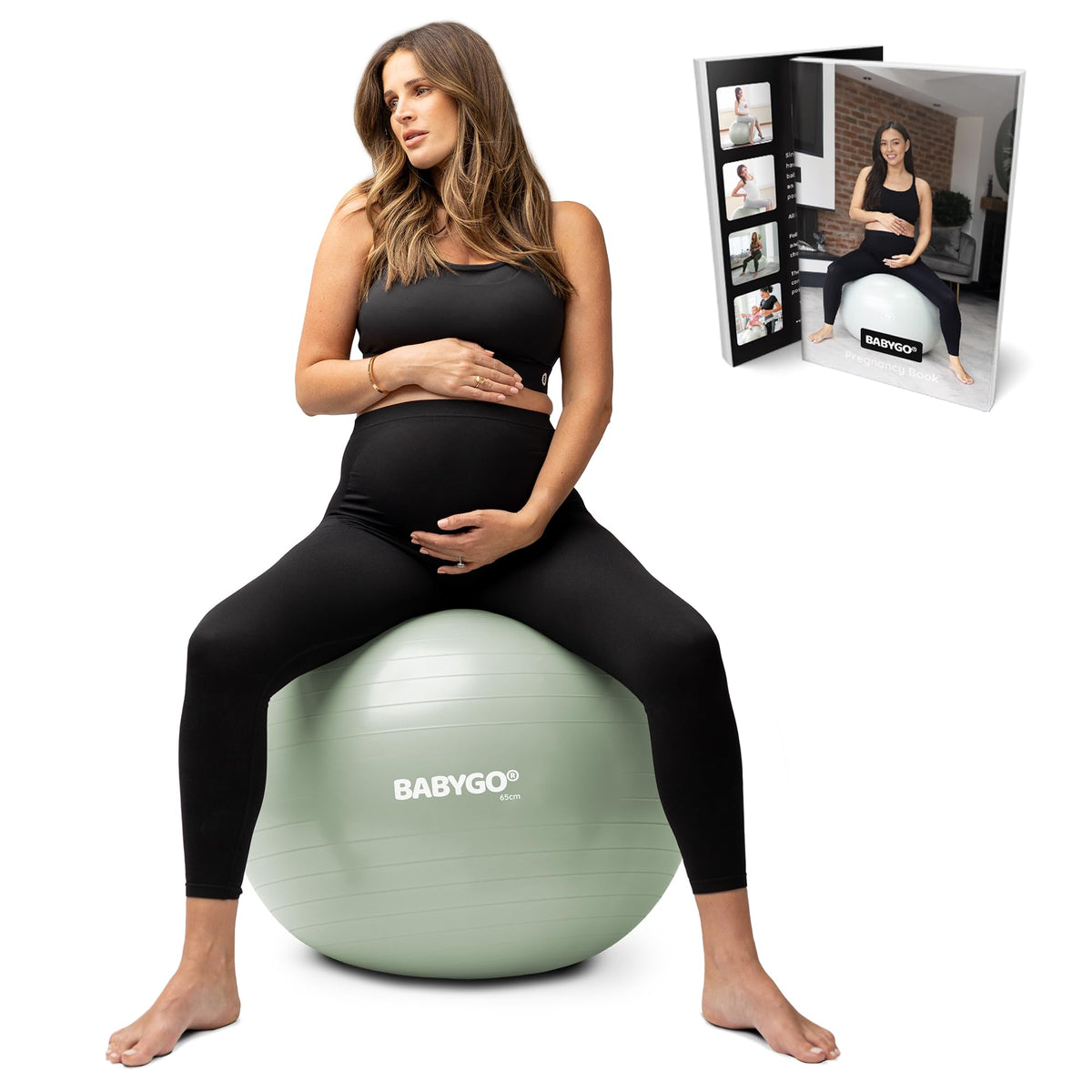BabyGO birthing ball 65cm sage for safe prenatal exercise and comfortable seating.