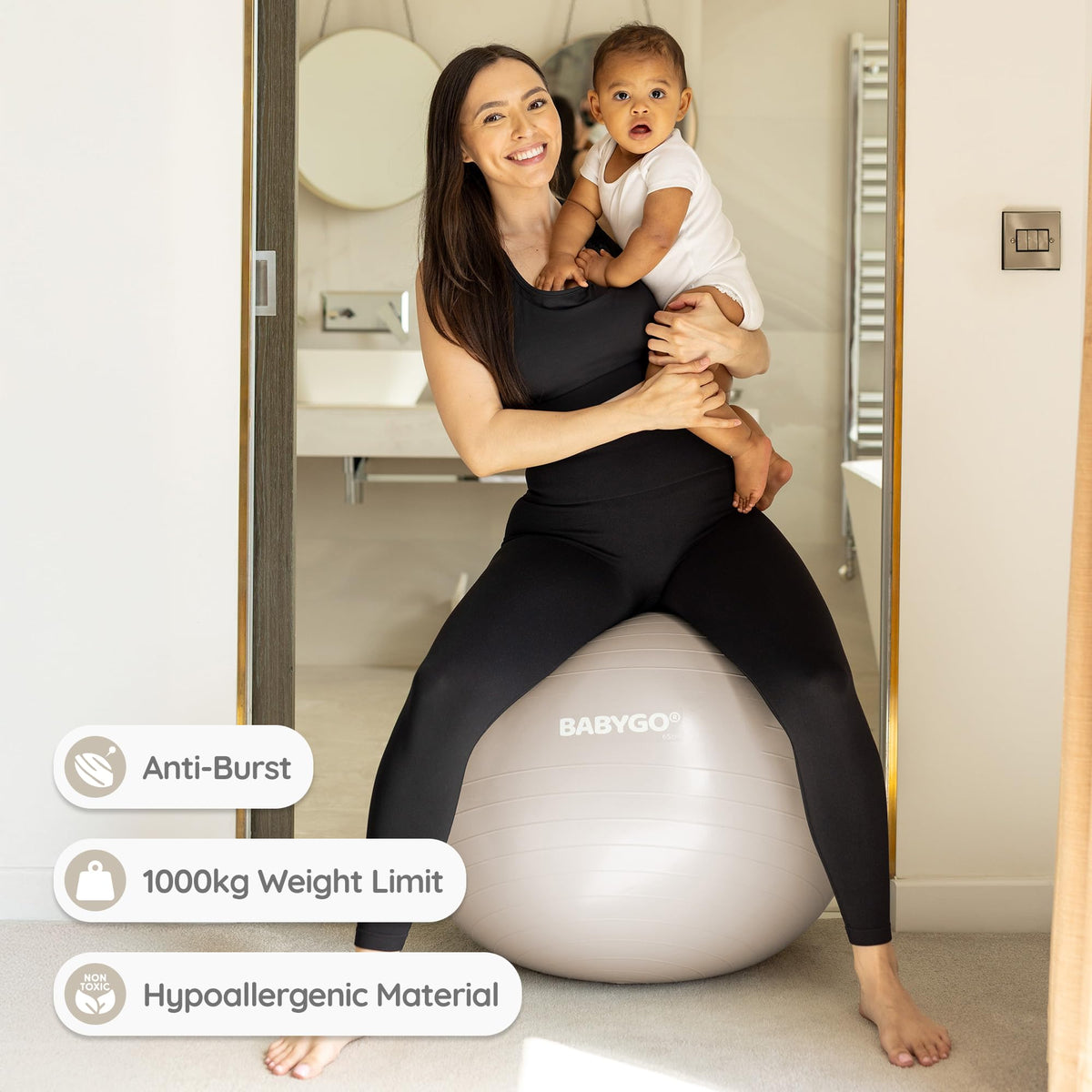 BABYGO 65cm ball with size guide for comfortable balance workouts