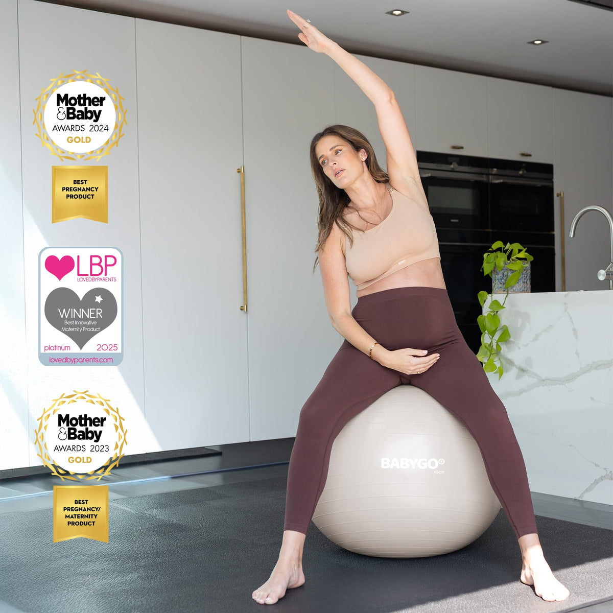 BABYGO ball used for comfortable seating during pregnancy routines