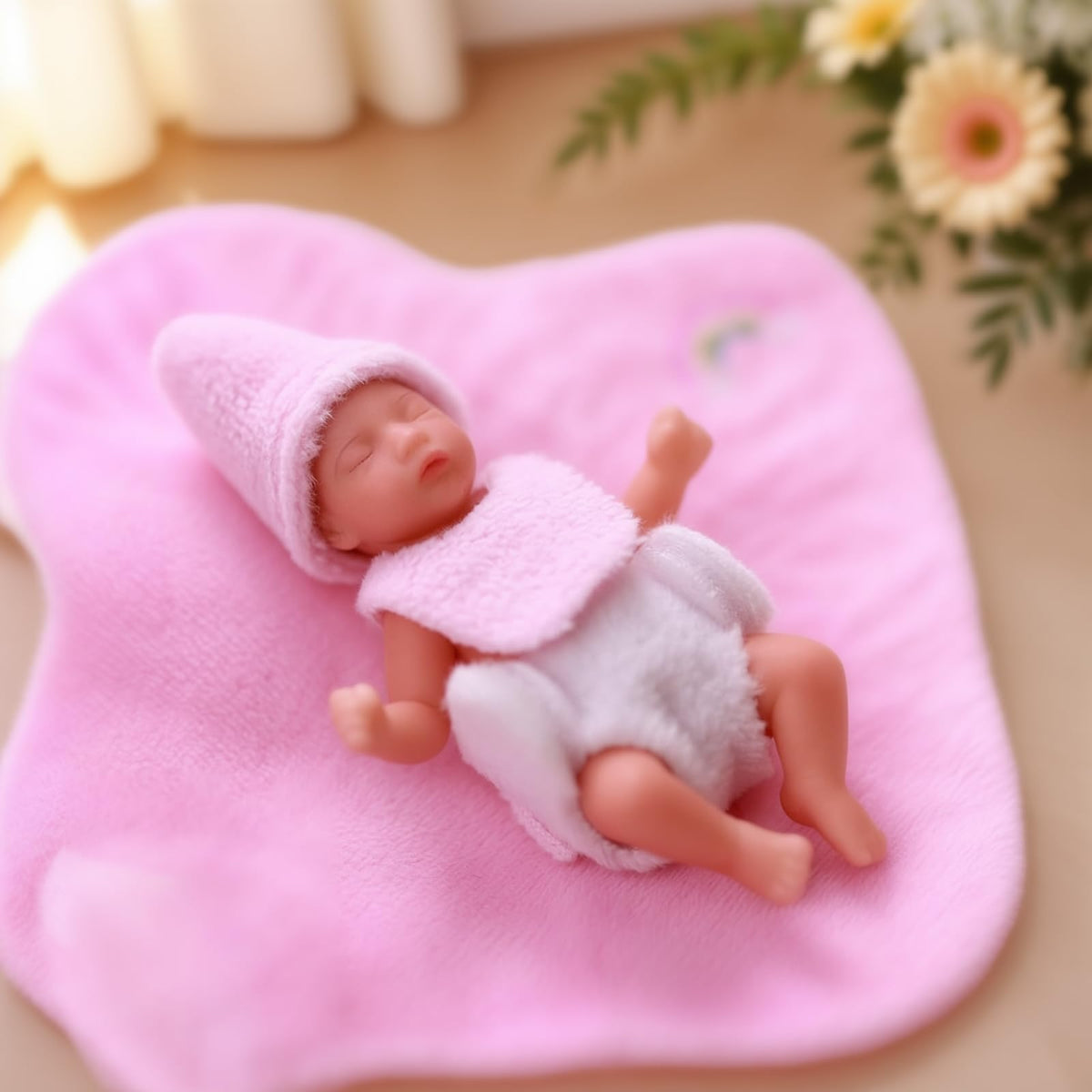 BABESIDE pink outfit on mini doll demonstrates easy-maintenance clothes included for pretend play