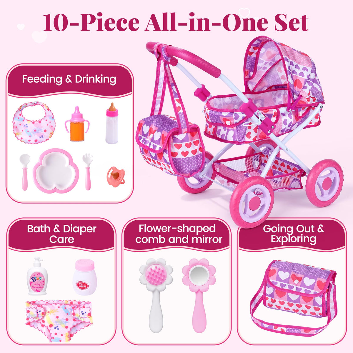 BABESIDE 10-piece accessory set supports feeding and care pretend play.