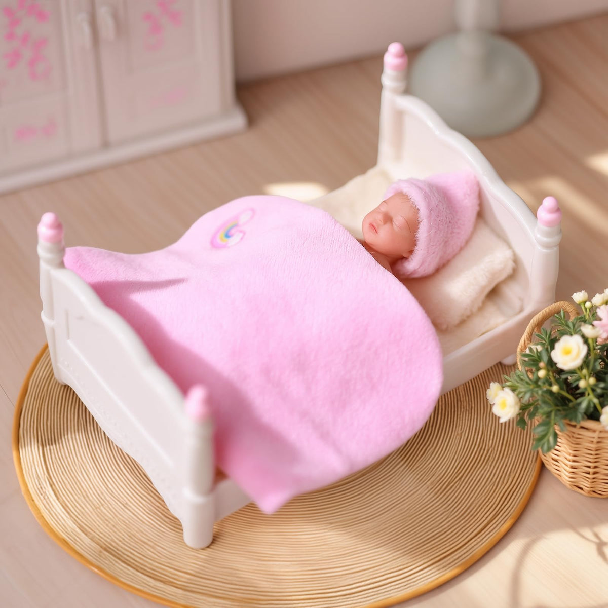 Mini bedroom furniture set shown with BABESIDE doll for cozy imaginative setups