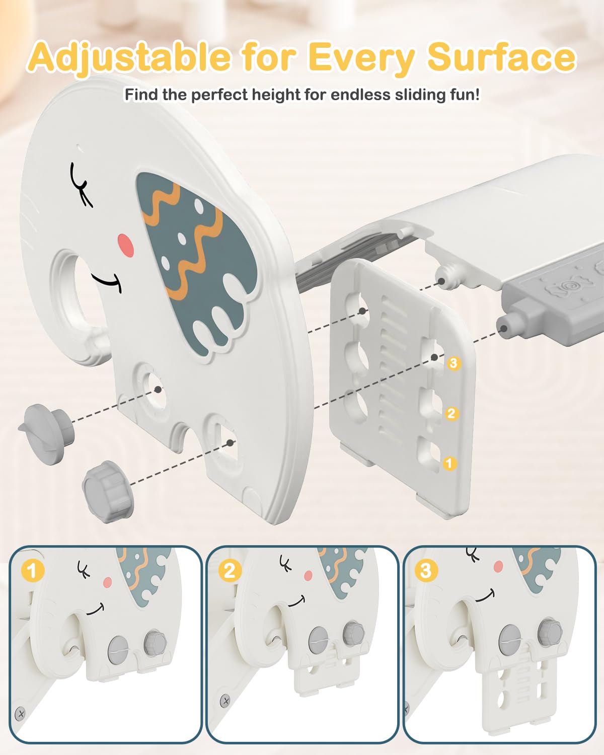 Babytronic couch slide elephant-handrails boost grip during play.