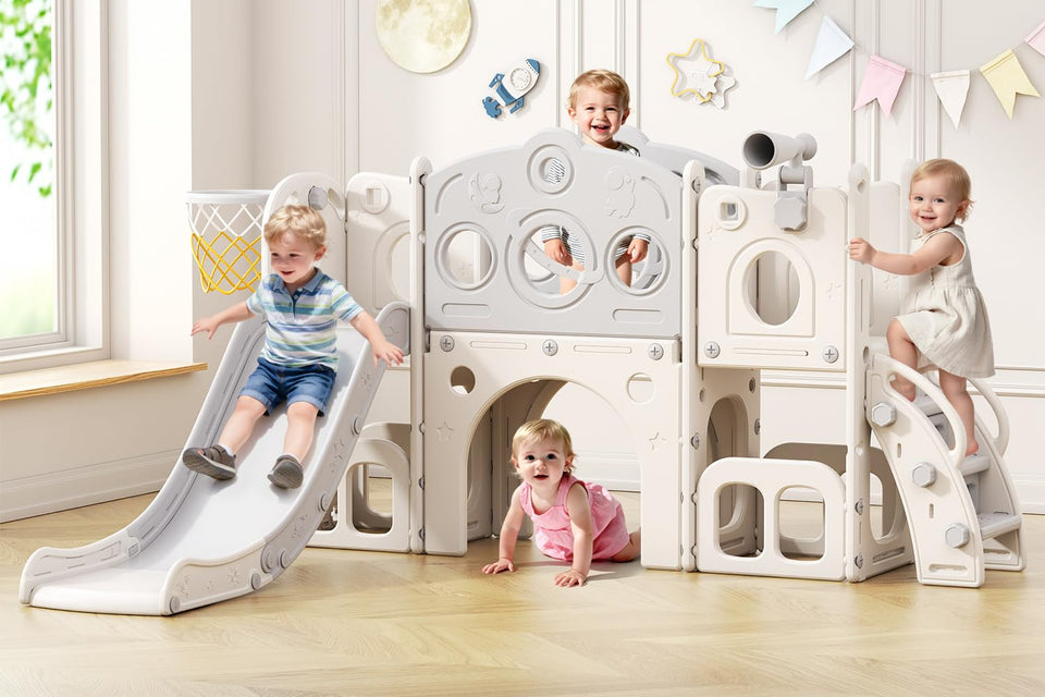 Babytronic toddler slide 8-in-1 setup in white and gray for versatile play