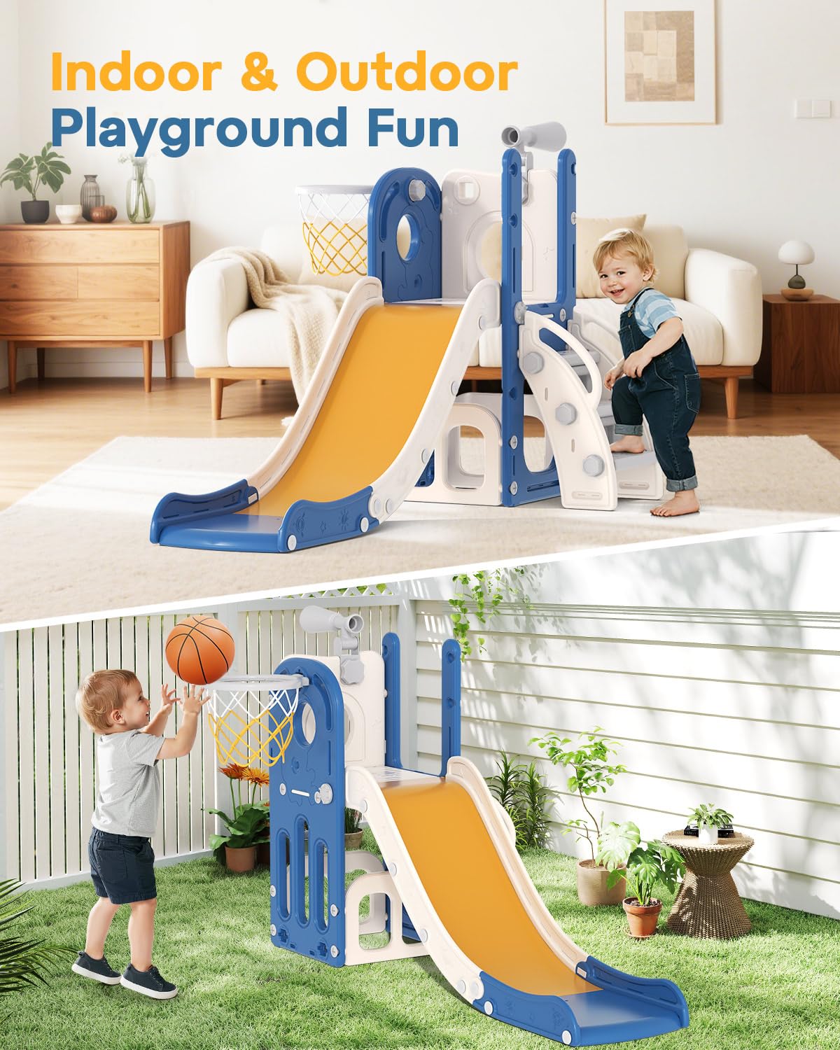 Babytronic Toddler Slide basketball hoop feature supports active, imaginative play.