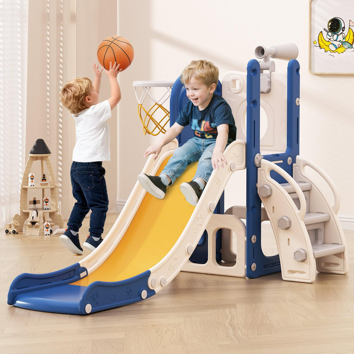 Babytronic Toddler Slide blue-yellow front view for indoor outdoor fun and durable play.