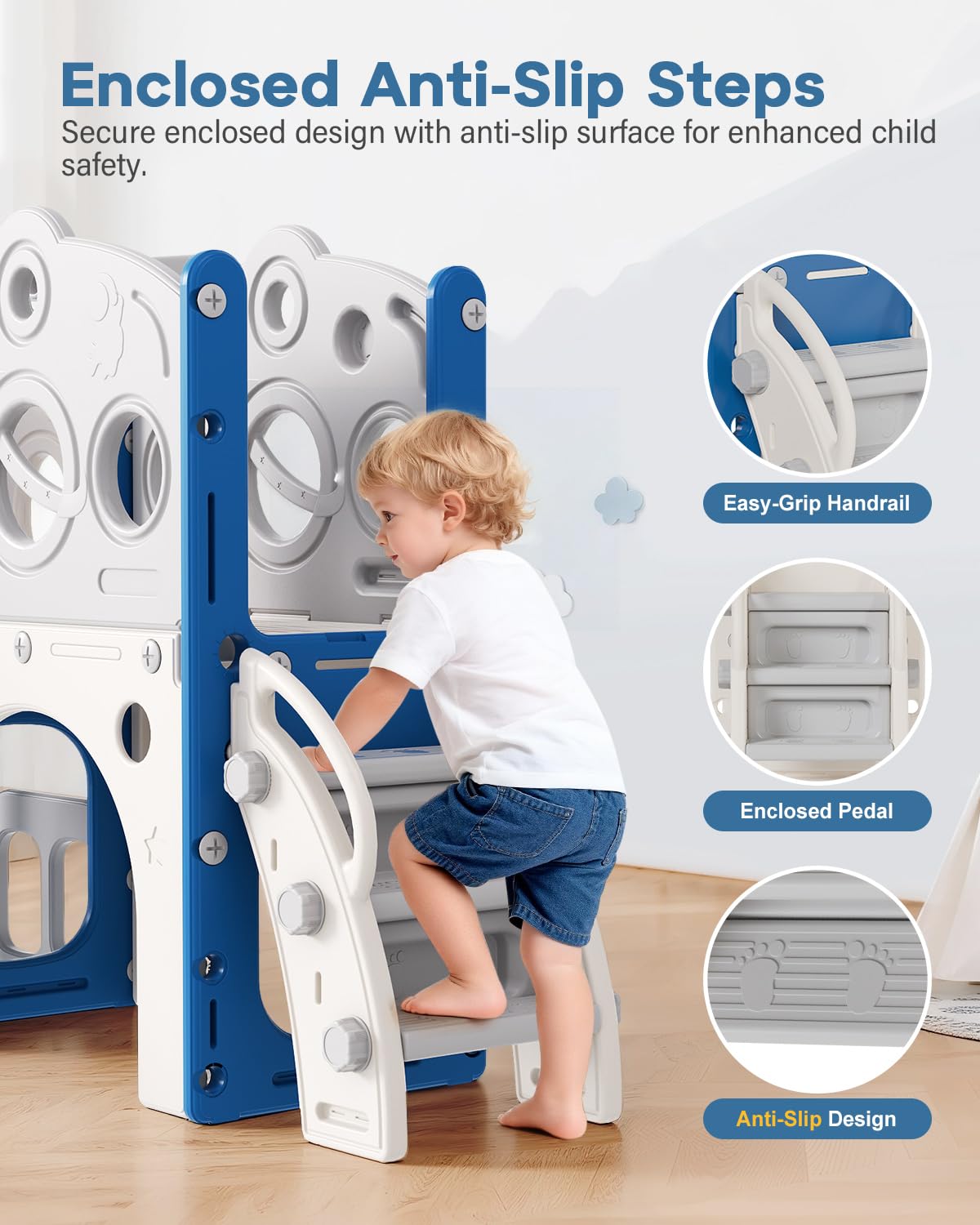 Babytronic toddler slide storage compartment keeps toys organized after play.