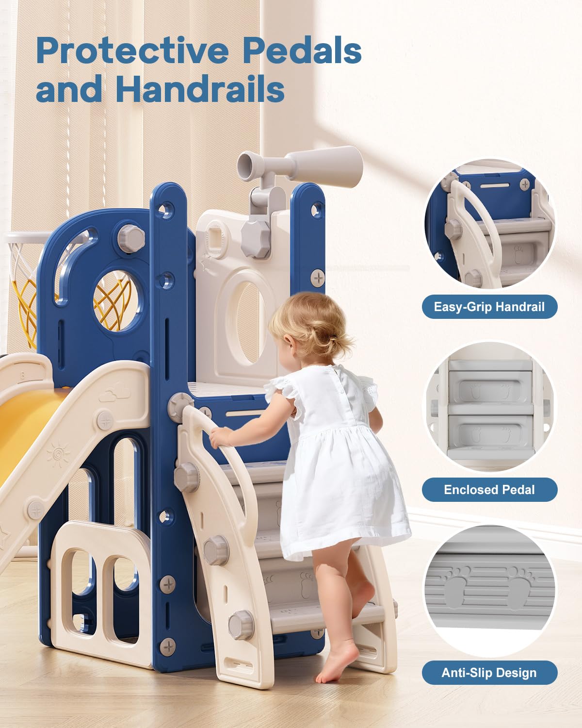 Babytronic Toddler Slide with storage keeps toys organized.