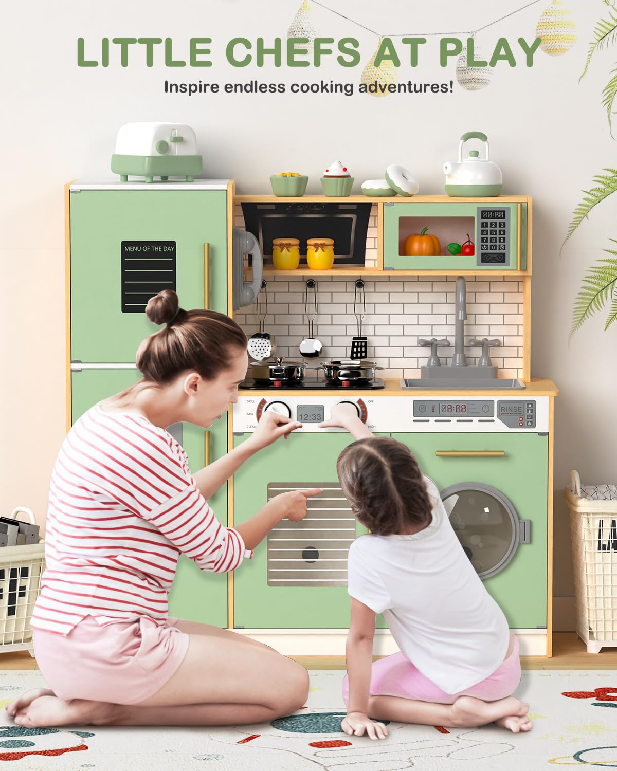 Babytronic wooden kitchen playset stove with lights engages sensory exploration for kids.