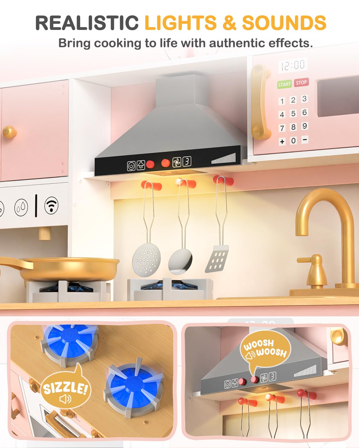 Babytronic wooden play kitchen range hood adds authentic lighting and sounds