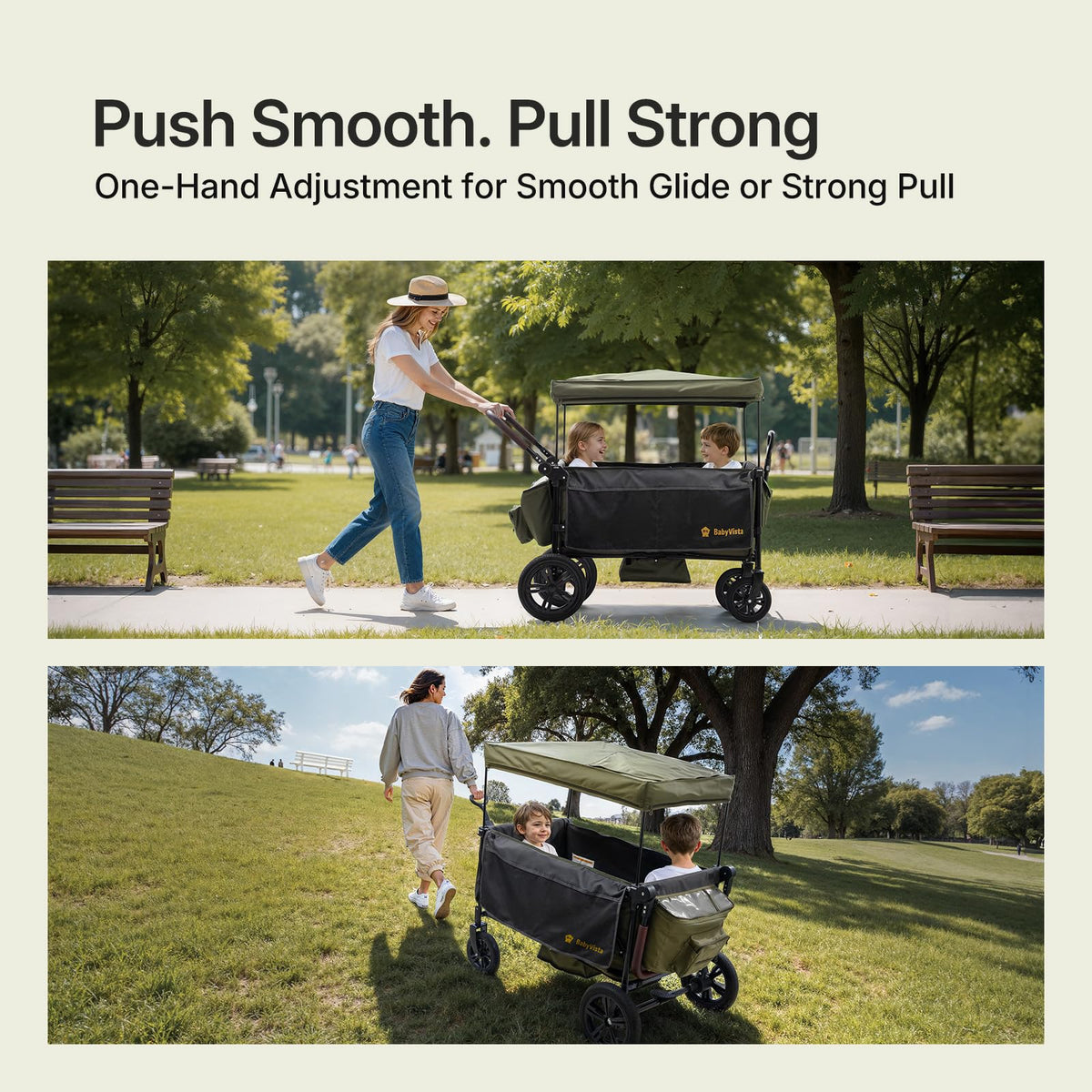BabyVista stroller wagon all-terrain wheels for a smooth ride on grass and gravel.
