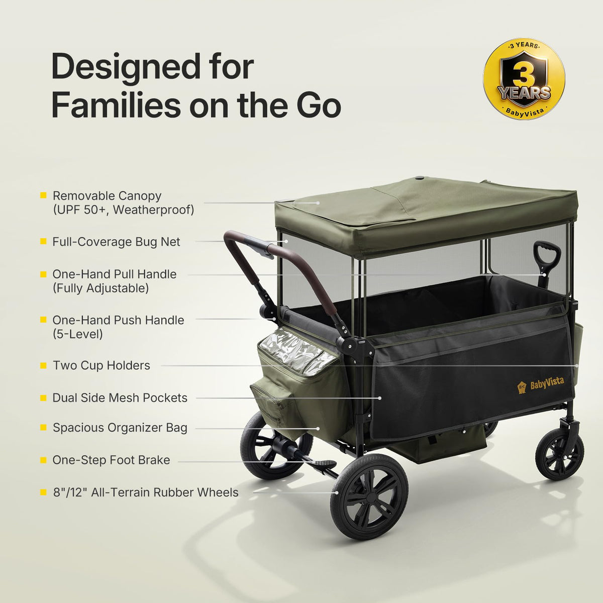 BabyVista stroller wagon with cup holders and organizer bag for essentials.