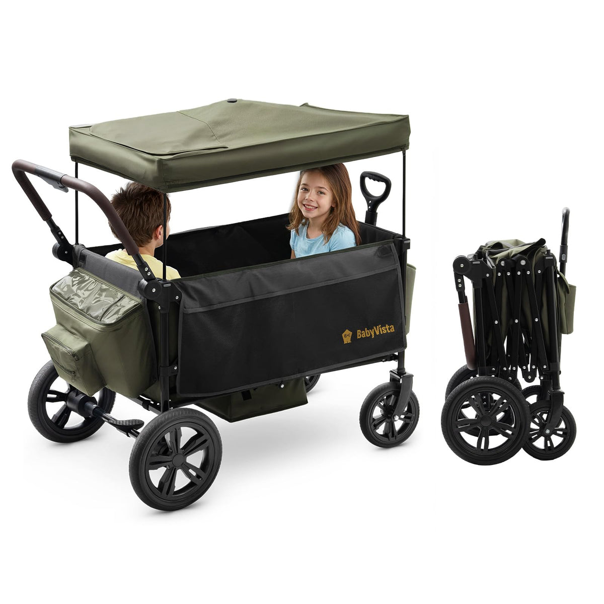 BabyVista stroller wagon with one-hand handle for easy push and pull on any path.
