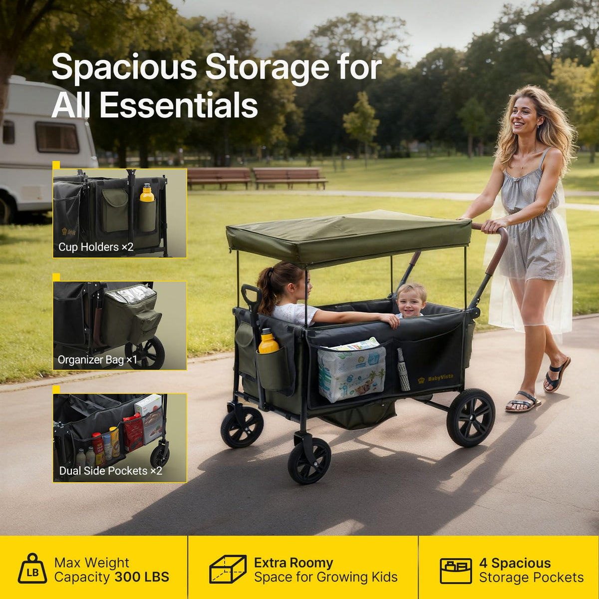 BabyVista stroller wagon with spacious storage for snacks, toys, and diapers.