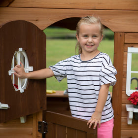Backyard Discovery Aspen mailbox on picket fence for playhouse realism