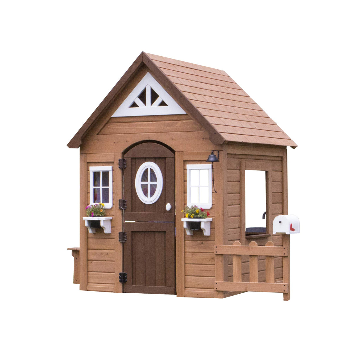 Backyard Discovery Aspen playhouse front view with cedar and white trim for imaginative play