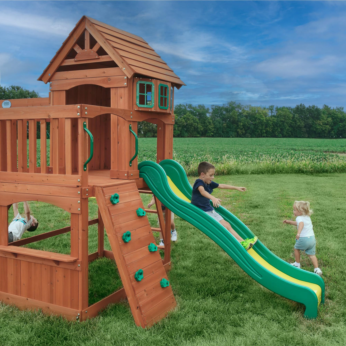 Backyard Discovery Atlantis 8-foot wave slide for fast, safe descents.