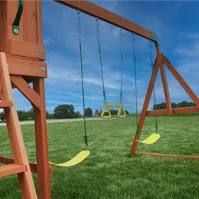 Backyard Discovery Atlantis two belt swings and trapeze enable shared fun.