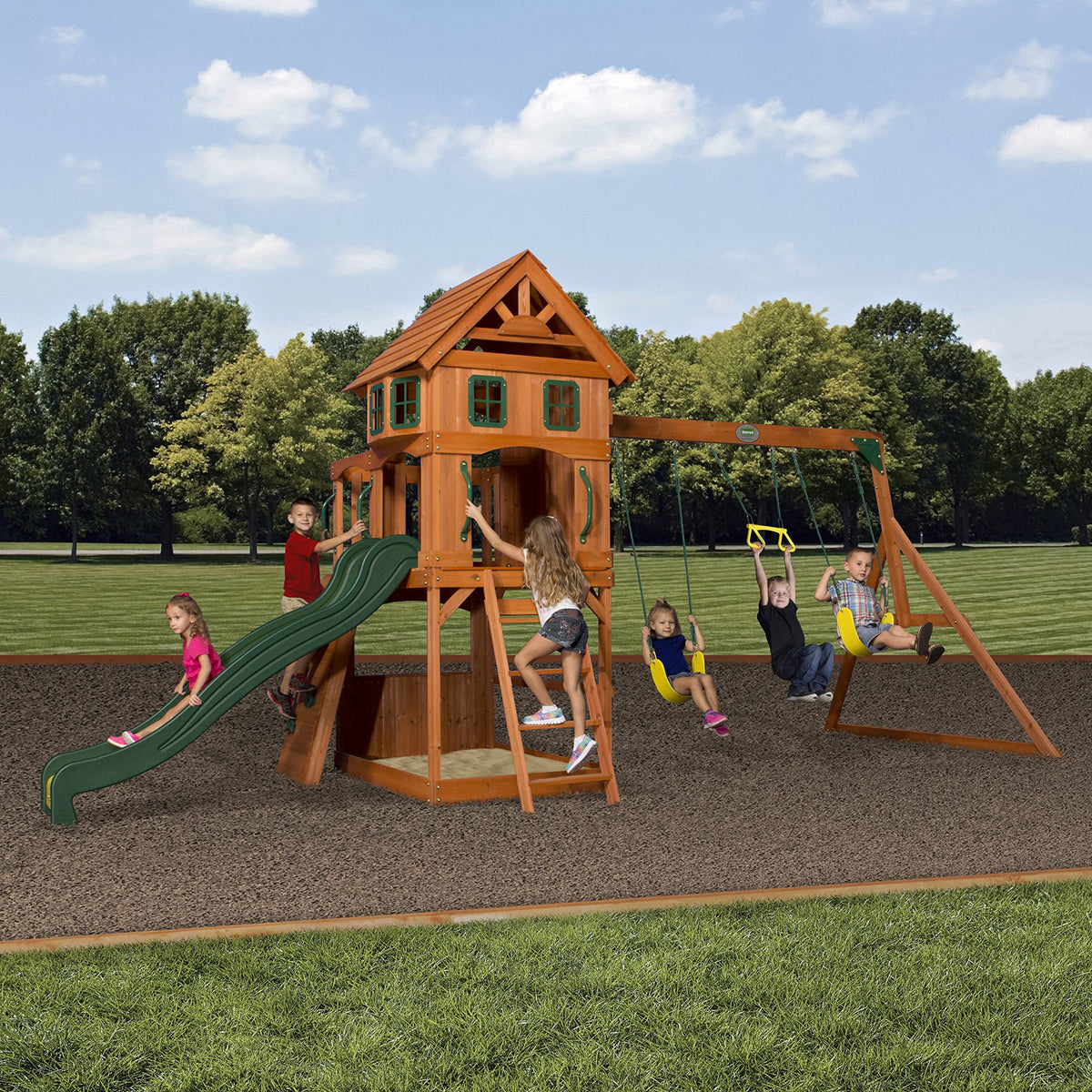 Backyard Discovery Atlantis upper clubhouse with bay windows inspires imaginative play.
