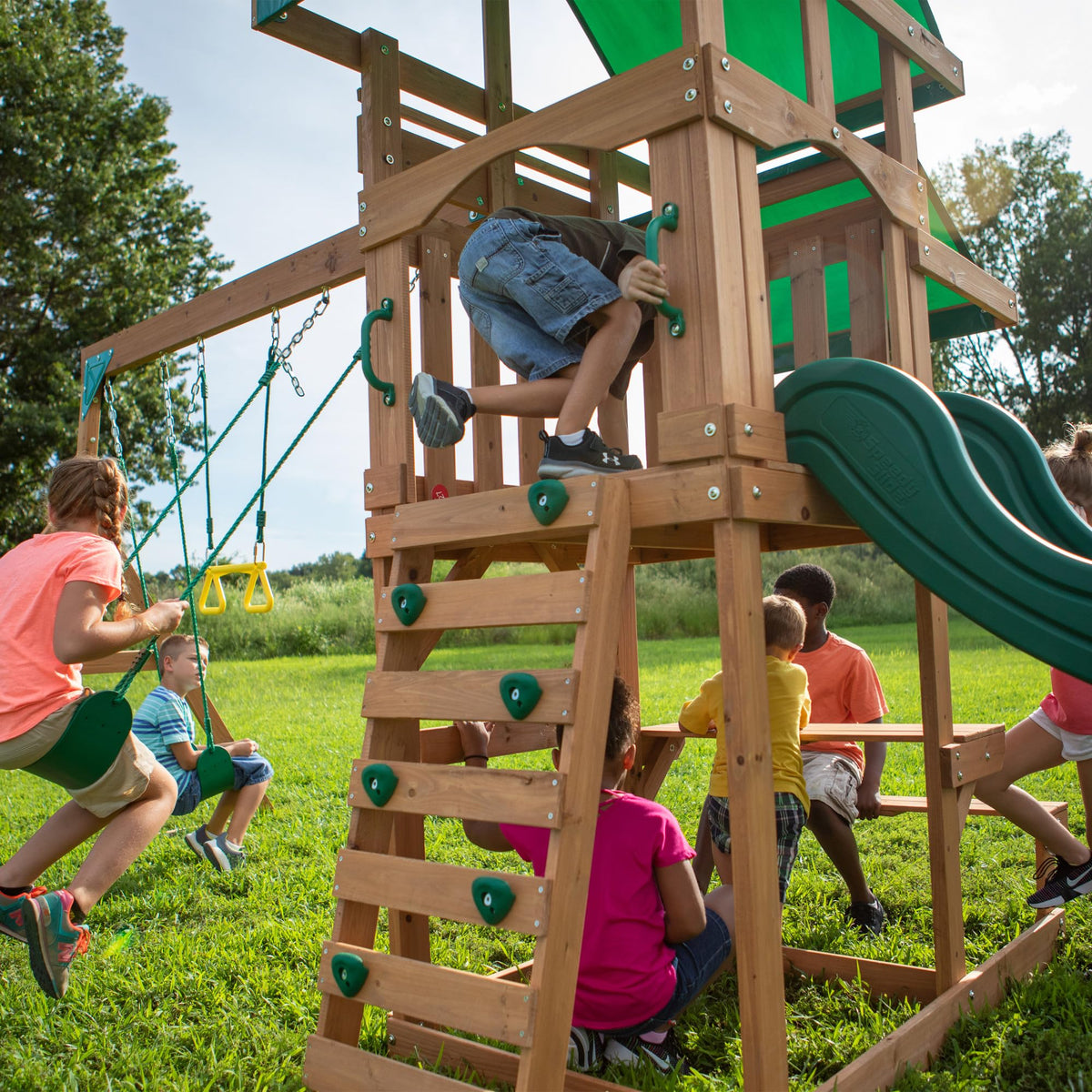 Backyard Discovery Belmont Swing Set rock wall ladder climb to deck