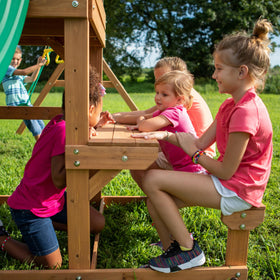 Backyard Discovery Belmont Swing Set snack bar window with bench for breaks