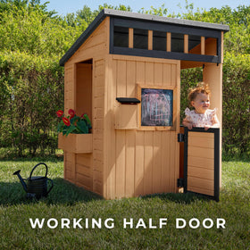 Backyard Discovery Caraway Cottage hinged half-door adds realistic entry.
