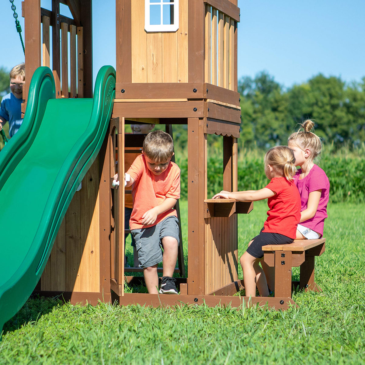 Backyard Discovery Lakewood snack bar window with bench seating for mini cafe play