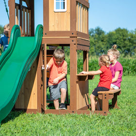 Backyard Discovery Lakewood snack bar window with bench seating for mini cafe play
