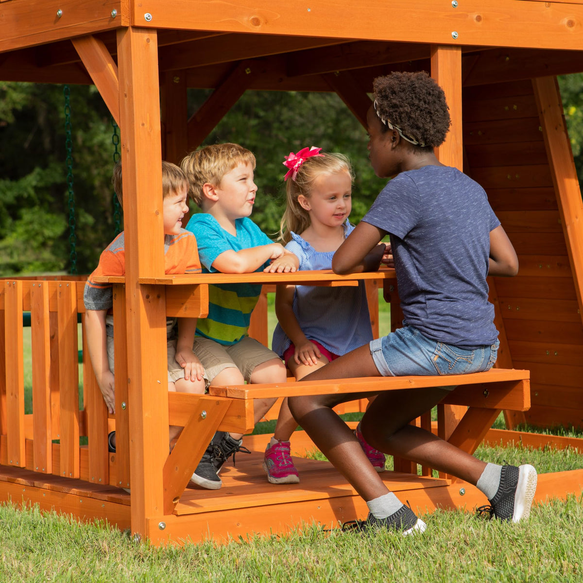 Skyfort II sandbox and picnic table support creative outdoor play.