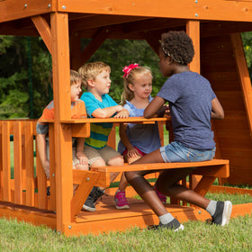 Skyfort II sandbox and picnic table support creative outdoor play.