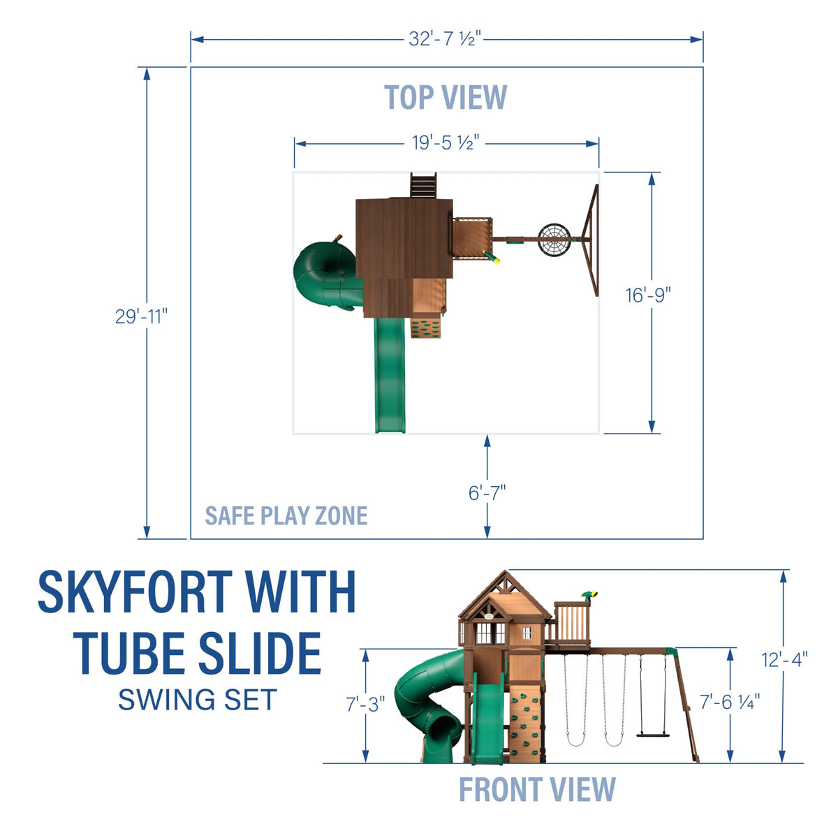 Spiral tube slide twists from the deck to the lower play space on Skyfort II.