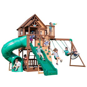 Backyard Discovery Skyfort II upper clubhouse with bay windows inviting imaginative outdoor play.