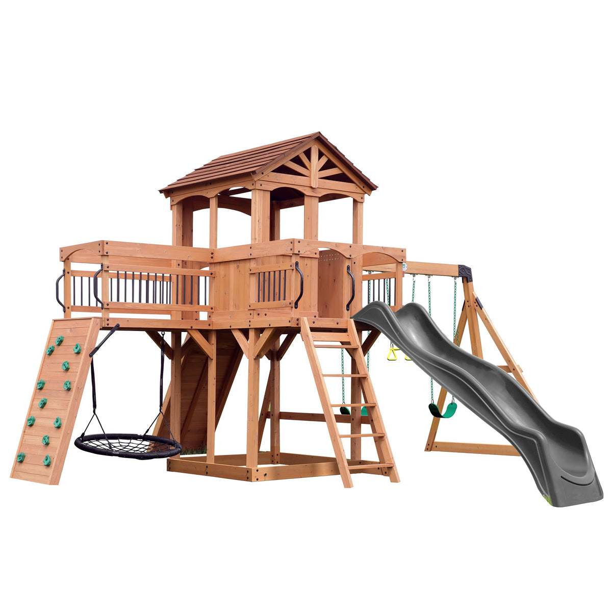 Backyard Discovery Sterling Point clubhouse with balcony offers shaded, imaginative play