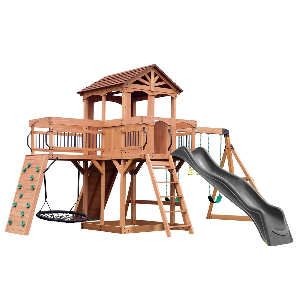 Backyard Discovery Sterling Point clubhouse with balcony offers shaded, imaginative play