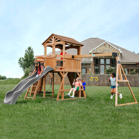 Backyard Discovery Sterling Point wooden bridge connects elevated clubhouse for adventure