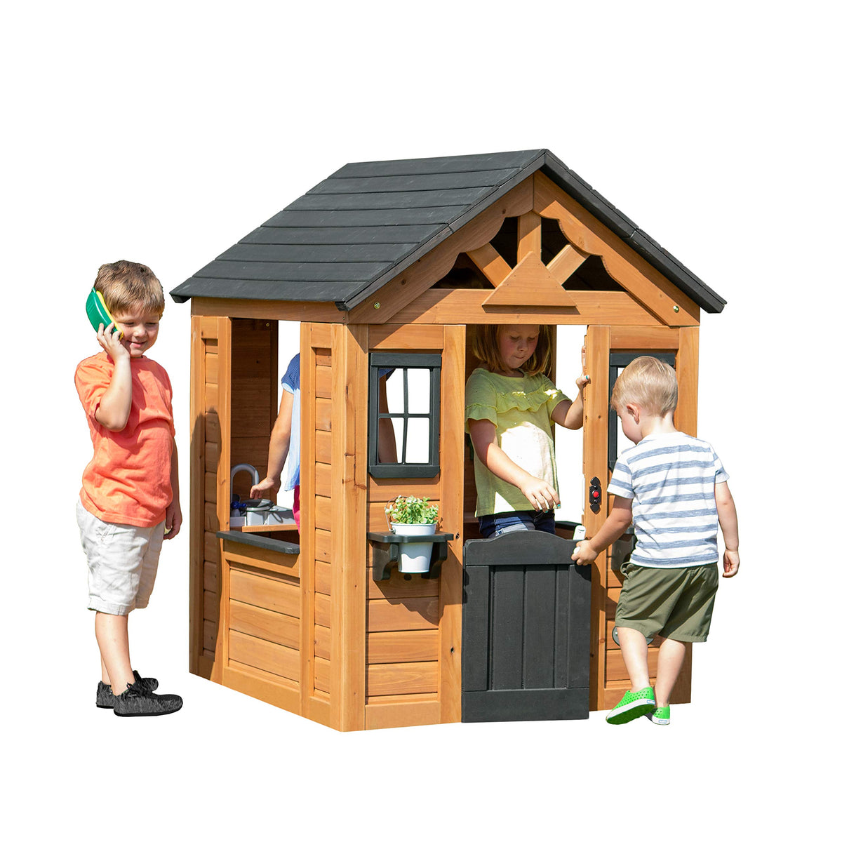 Backyard Discovery Sweetwater playhouse cedar windows invite natural light for creativity.