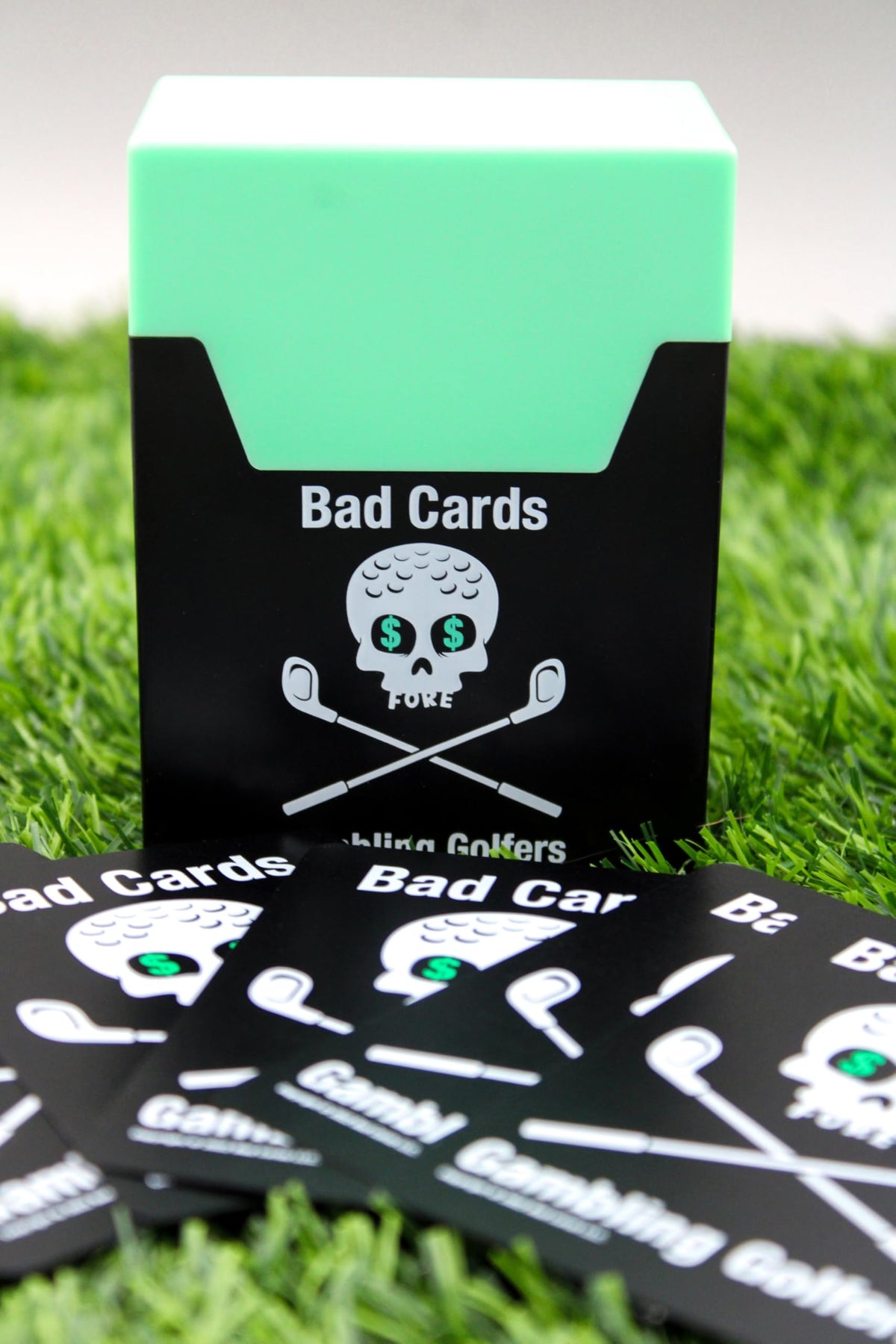 Bad Cards Fore Gambling Golfers plastic box with dividers keeps cards organized on the cart