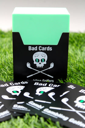 Bad Cards Fore Gambling Golfers plastic box with dividers keeps cards organized on the cart
